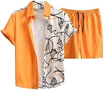 GORGLITTER Men's 2 Piece Outfits Graphic Button Down Shirt and Shorts Set Summer Clothes Orange Medium