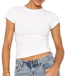 LACOZY Women's Basic Solid Crop Tops Short Sleeve Round Neck Shirt Workout Slim Fit T-Shirt Y2K White L