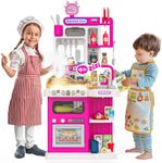 96PCS Kids Kitchen Playset, Play Kitchen with Sound & Light, Cooking Stove with Steam, Play Food Toy Kitchen Accessories, Play Sink, Oven, Pretend Play Kitchen Toys Set for Boys and Girls (Pink)