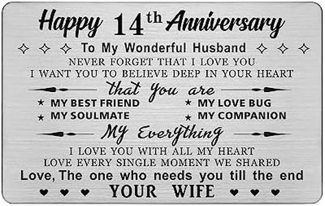DEGASKEN Husband 14th Anniversary Card from Wife - I Love You With All My Heart - 14 Year Wedding Anniversary Keepsake Gifts for Him Men, Ivory Anniversary Metal Card