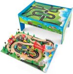 GLACER 80-Piece Train Table, Large Multipurpose Wooden Toy Activity Table Playset with Reversible Detachable Tabletop, Railway Tracks, Trains, Cars, DIY Design, Gift for Boys Girls Age 3+, Multi-Color