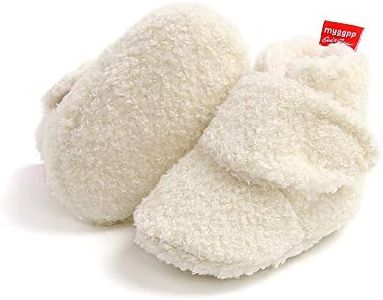 COSANKIM Baby Boys Girls Cozy Fleece Booties Non Slip Grippers Stay On Slipper Socks Infant Newborn First Walker Winter Warm Crib Shoes(12-18 Months Toddler, 06 White)