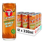 Carabao Energy Drink Orange Blast, 12 x 330ml Cans Case, Low Calorie, Lower Sugar, Fizzy Fruit Flavour, Vegan, Gluten Free Drink, B Vitamins, Taurine, Caffeine with Zero Crash, Bulk Crates, Multipack