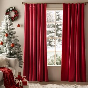 Half Blackout Velvet Curtains Red for Bedroom, Thermal Insulated Rod Pocket Window Curtain for Living Room (2 Panels, 95 Inch, Red)