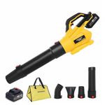 TOMAHAWK® BLB-8130 | 20V Brushless Cordless Leaf Blower with 2×3.0Ah Batteries, 150 MPH Air Speed, 125 CFM Airflow, 4 Nozzles, Fast Charger & Carry Bag – Powerful Garden Cleaning Tool