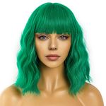 LANCAINI Short Bob Wigs with Bangs for Women Loose Wavy Wig Curly Wavy Shoulder Length Bob Synthetic Cosplay Wig for Girl Colorful Costume Wigs (Green)