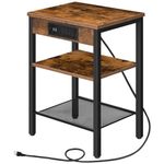 HOOBRO End Table with Charging Station and USB Ports, 3-Tier Nightstand with Adjustable Shelf, Narrow Side Table for Small Space in Living Room, Bedroom and Balcony, Rustic Brown BF112BZ01