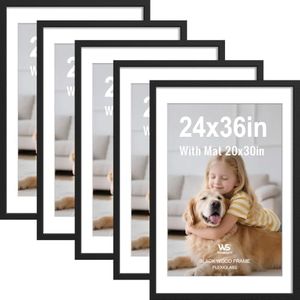 Wisesun 24x36 Black Poster Frame 5 Pack - Wood Frame with Plexiglass, Displays 20x30 with Mat or 24 x 36 Picture, for Any Wall - Hang Horizontal or Vertical
