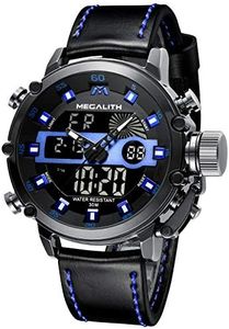 MEGALITH Mens Watches Waterproof Digital: Black Sports Military Watches for Men Tactical Heavy Duty Analog Quartz Men's Leather Wrist Watches LED Dual Time Backlight Display Alarm Stopwatch