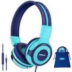 SIMOLIO Foldable Headphones for Kids with Mic, 75dB-85dB-94dB Kid Headphone with Share Port, Stereo Wired Headphones Hearing Protection for Youth Boys,Girls, Portable Pouch for School/Travel (Mint)