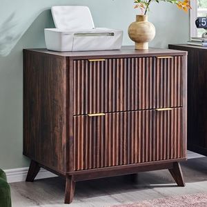 T4TREAM 2 Drawer File Cabinet, 32" Fluted Lateral File Cabinet w/Files Hanging Rod for Letter/Legal/A4, Large Tabletop for Printer, Office Wood Printer Cabinets, Dark Walnut (Gen 2)
