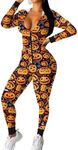 Ekouaer Halloween Onesie Women Sexy Pajamas Zipper Christmas One Piece Bodycon Outfit Jumpsuit Costume S Yellow Pumpkin Print