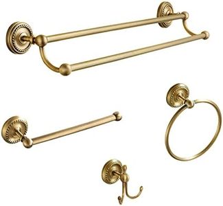4 Piece Antique Brass Gold Bathroom Accessories Set - Brass 24” Towel Holder, Antique Bar Brass Bath Accessories - Wall Mounted Brass Bathroom Hardware Accessory Set