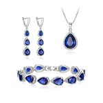 EleQueen Water Drop Pendant Necklace Long Dangle Earrings Tennis Bracelet Set, Sparkle Cubic Zirconia Silver Plated Blue Teardrop Wedding Jewelry Sets for Bride Bridesmaid, Christmas/Valentine's Day/Mother's Day/Birthday Gift for Wife/Girlfriend/Mom/Yourself