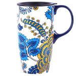 Ceramic Mug Large Coffee Cup Tall Travel Mugs Porcelain Latte Tea Cup with Lid and Handle 17oz,Blue Flower