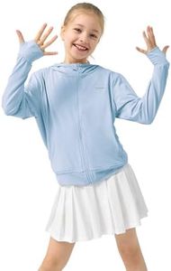 Rolanko Girls Zip Up Sun Hoodie with Thumb Holes, UV Protection Clothing for Kids Lightweight Athletic Jacket (HzBlue,5-6Y)