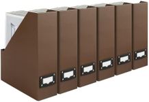 Blu Monaco Office Modern Brown Magazine File Holder Set with Leather Label Holder - Magazine File Box Set of 6 - Brown Cardboard Magazine Holder Storage Organizer Box