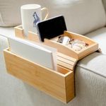 Bamboo Couch Cup Holder with Side Storage Pocket & Phone Holder - Non-Slip Sofa Armrest Tray Table for Drinks, Cellphone, Remote Control, Snacks - Multifunctional Couch Arm Tray Organizer Caddy