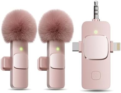 PQRQP 3 in 1 Wireless Lavalier Microphone for iPhone, iPad, Android, Camera, Mini Microphone, 7-Hour Battery, High Definition Sound Quality for Interview, Video Podcast, Vlog (Pink)