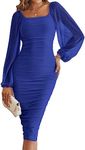 MEROKEETY Women's Long Puff Sleeve Ruched Bodycon Dress Square Neck Mesh Cocktail Party Midi Dresses, Royal, Medium