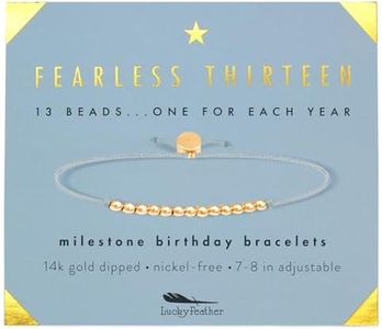 Lucky Feather Gifts for 13 Year Old Girl; 13th Birthday Bracelet with 13 Dainty 14K Gold Dipped Beads on Adjustable Cord; Bat Mitzvah Gift