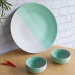 The Earth Store Handcrafted Tritone Green Matte 3 Piece Ceramic Dinner Set, 1 Full Dinner Plate, 2 Vegetable Bowls, | Microwave & Dishwasher Safe | Ceramic Plate | Katori