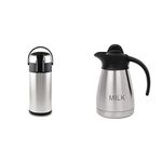 Pioneer Flasks SS50R Stainless Steel Airpot Hot Cold Water Tea Coffee Dispenser Conference Event Flask, Satin Finish, 5 L & Olympia Vacuum Jug Etched "Milk" 05L with Screw Top Flask Restaurant