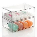 mDesign Plastic Stackable Bathroom Storage Organizer Bin Containers with Front Pull Drawer for Bathroom Countertop, Vanity, Closet Shelves - Holder for Accessories - Lumiere Collection, 2 Pack, Clear