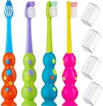 Kids Toothbrush 4 Pack - Soft Bristles with Suction Cup - Toothbrush Kids, Child Sized Brush Heads (3-10 Year Old) Kid Toothbrush with Easy Storage - Toddler, Girl & Boy Set (4-Pack, Multi-Color)