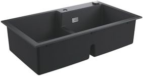 GROHE K500 - Quartz Composite Double Kitchen Sink (Top Mount, Overflow and Automatic Waste Fitting with Rotary Handle, 1 Bowl 39x43x20 cm, 2 Bowl 38x36.5x20 cm), 86x50 cm, Granite Black, 31649AP0