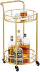 mDesign Metal Vintage Round Beverage Rolling Cart for Home - 2-Tier Serving Bar Trolley with Easy-Glide, Rotating Wheels, Built-in Handle, and Glass Shelves for Wine and Craft Beer - Soft Brass