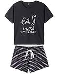 MyFav Summer Pyjamas for Women 2 Piece Cute Cat Sleepwear Pyjama Sleep Set Black, Black, M