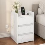 YITAHOME Bedside Table with 3 Drawers and Power Station, Modern Nightstand End Table, Water-Resistant Storage Side Table for Living Room and Bedroom, 35 x 40 x 59cm (Marble White)