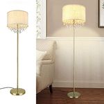 Depuley LED Floor Lamp for Living Room, Crystal Elegant Standing Lamp for Kids Bedroom, Suit Mid Century, Modern & Farmhouse Rooms, Tall Pole with Fabric Drum Shade, Brass, E27 Warm Light