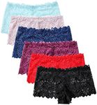 Solavia 6 Pack of Women's Lace Panties, Soft Stretch Cute Boyshort Panties, Sexy Cheeky Underwear, Tomato Red*1 Black*1 Grape Purple*1 Jewelry Blue*1 Violet Ice*1 Plume*1, Medium