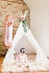 Iloveteepee Natural Canvas Pompom Teepee with Floor, Pocket, Flags, LED Light and Storage Bag, Kids Teepee Tent, Play Tent, Girls Room Decor