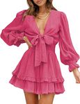 AILUNSNIKA Spring Lantern Sleeve Short Dress for Women Smocked Waist A-line Mini Dress Tiered Ruffle Layer Skirt Bright Pink S-XL