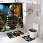 EDecor Bathroom 4 Pieces Set Yoda Shower Curtain, Toilet Lid Cover and Bath Mat, Non-Slip Rugs, Durable and Waterproof, for Bathroom Decor Set, 72"" x 72"", Large