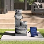Warmiehomy Solar Water Fountain, 4 Tier Solar Water Feature, Waterfall with Solar Powered Pump and LED Lights for Outdoor, Garden Fountains and Water Features, Height 47.5CM, Grey