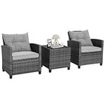 HAPPYGRILL 3 Pieces Patio Furniture Set Outdoor PE Rattan Conversation with Removable Cushions,Wicker Sofas Tempered Glass Side Table for Porch Lawn Garden Balcony Backyard, Mix Grey Rattan, One Size