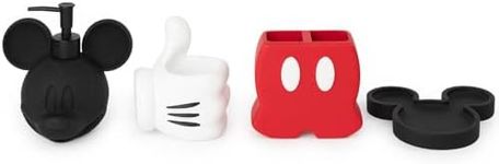 Jay Franco Disney Mickey Mouse Bathroom Organizer Set - 4 Piece Red, Black and White Accessories Includes Resin Soap Dispenser, Soap Dish, Toothbrush Holder and Tumbler - Bathroom Décor