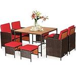 Tangkula 9 Pieces Acacia Wood Patio Dining Set, Space Saving Wicker Chairs and Wood Table with Umbrella Hole Outdoor Furniture Set, Suitable for Garden, Yard, Poolside, Outdoor Seating Set