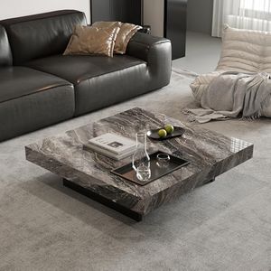 42" Square Marble Coffee Table for Living Room - Modern Farmhouse Center Table with Sturdy Stainless Steel Base, 130lbs Capacity - Elegant White & Black Design for Lounge, Office, Lounge(Black)