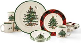 Spode Christmas Tree 16-Piece Tartan Dinnerware Set (Service for 4) - Festive Holiday Tableware Collection with Plates, Bowls, Mugs - Porcelain Christmas Dinnerware - Microwave & Dishwasher Safe