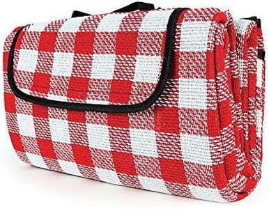 Camco Classic Red & White Checkered Picnic Blanket with Waterproof Backing - Includes Convenient Carry Strap|Comfortable and Durable Material|Measures 51" x 59" - (42803)