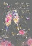 Cherry Orchard Sister Happy Birthday Card Champagne Glasses Design with Gold Foil Detailing and Gold Envelope from