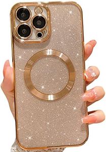 MGQILING Compatible with iPhone 13 Pro Max Magnetic Glitter Case, Luxury Plating Cute Bling Clear Phone Case, Compatible with MagSafe for Women Girls with Camera Protector Back Cover - Gold