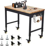 ACONEE Workbench Adjustable Work Bench, 48" x 24" Rubber Wood Shop Table with Wheels, 2000 LBS Load Capacity Heavy-Duty Workstation, Hardwood Worktable with Power Outlets for Garage Workshop Office