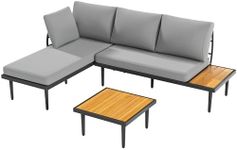 Devoko Outdoor Sectional Furniture Patio Sectional Sofa with Acacia Wood Table, Patio L-Shaped Conversation Set with All-Weather Cushion for Patio,Garden,Backyard(Gray)