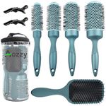 Aozzy 5pcs Hair Drying Brush Round Set, Pottery Lonic Round Hair Brush Set for Blow Drying, Curling, Professional Salon Styling Brush Set, Barrel Hairdressing Brushes Sets (Blue)